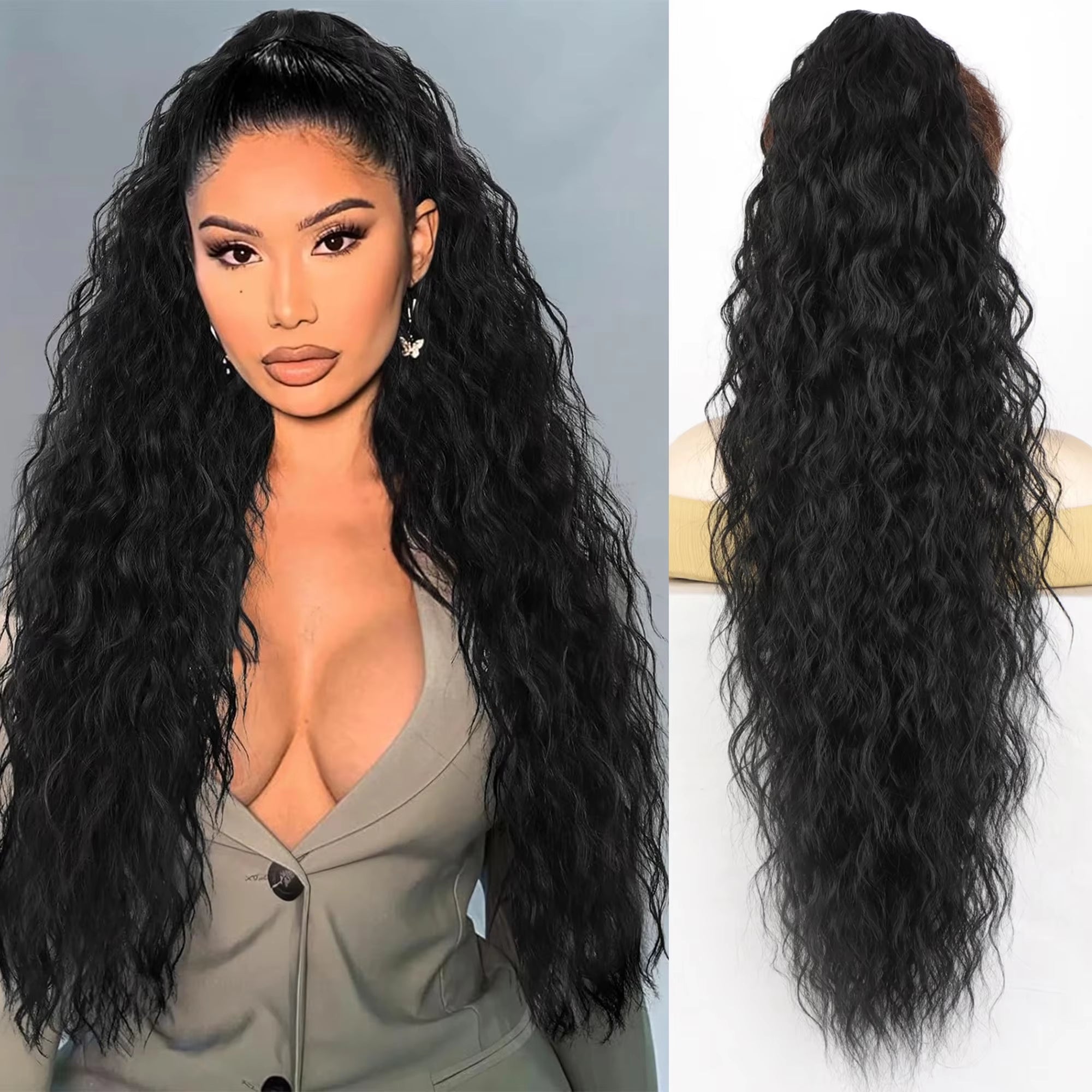 160G Heavy Ombre Black Blonde Curly Ponytail Claw Long real hair