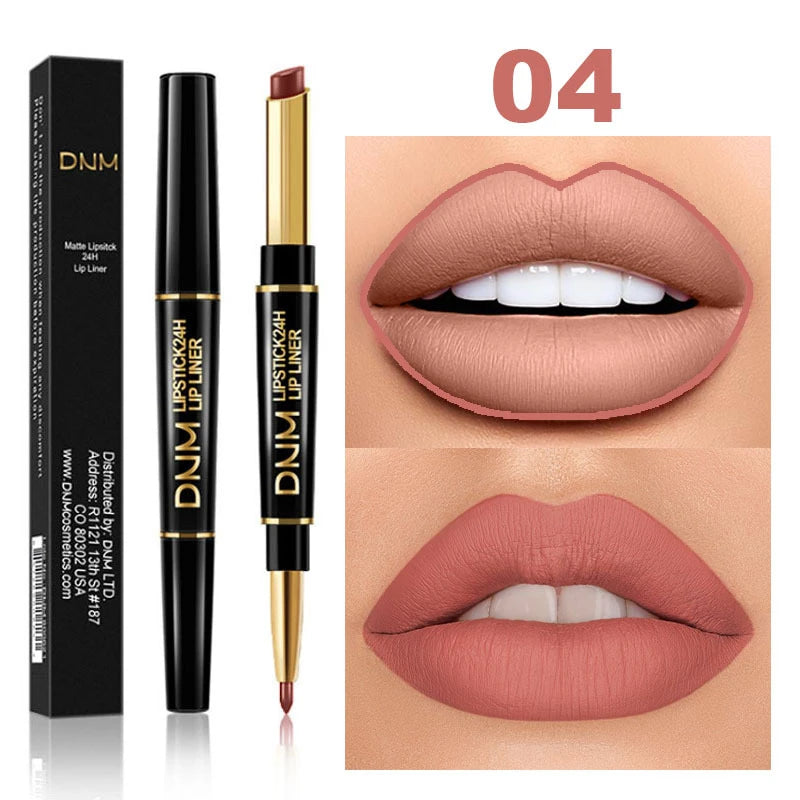 2 in 1 Matte Lipstick Pencil Double Head Lip Liner Pen Red Nude Long