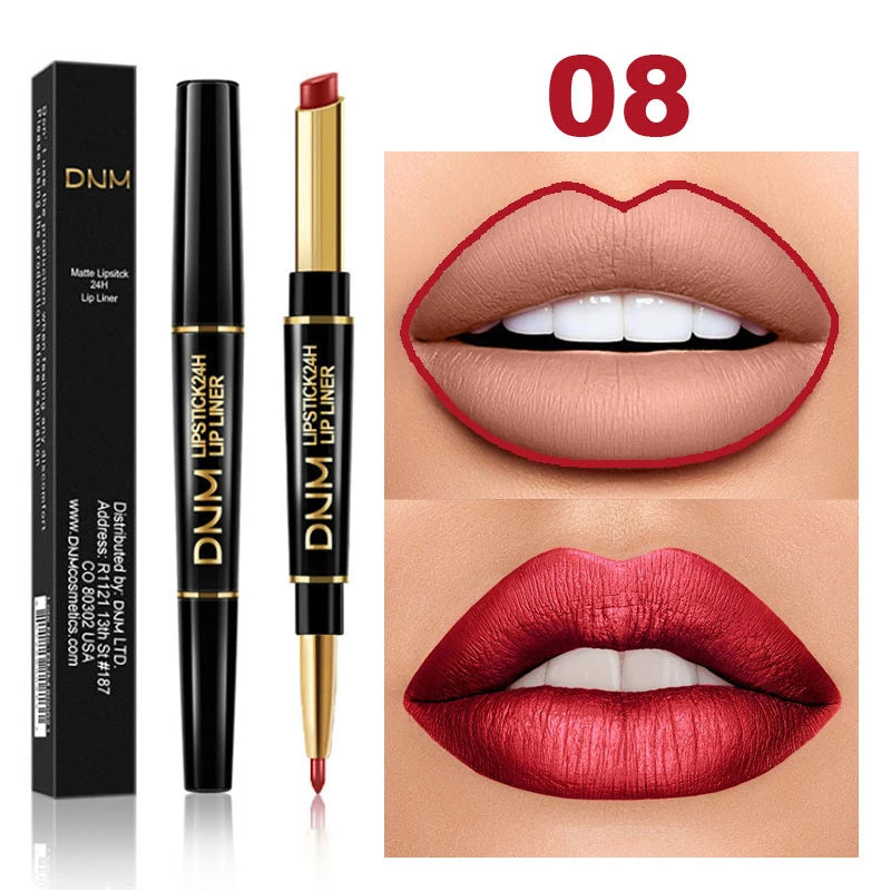 2 in 1 Matte Lipstick Pencil Double Head Lip Liner Pen Red Nude Long