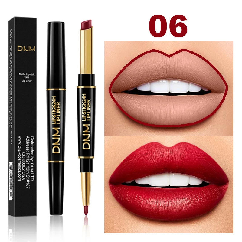 2 in 1 Matte Lipstick Pencil Double Head Lip Liner Pen Red Nude Long