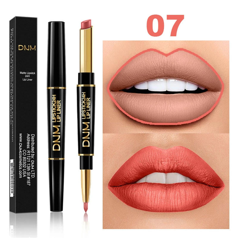 2 in 1 Matte Lipstick Pencil Double Head Lip Liner Pen Red Nude Long