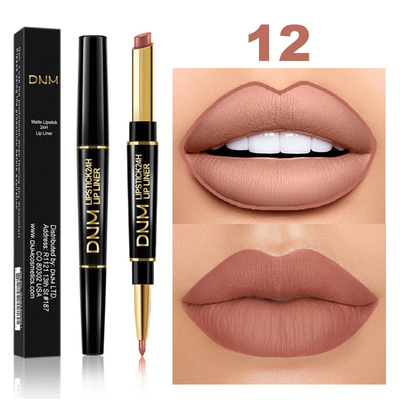 2 in 1 Matte Lipstick Pencil Double Head Lip Liner Pen Red Nude Long
