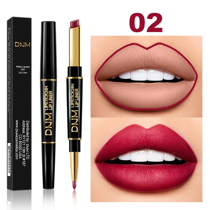 2 in 1 Matte Lipstick Pencil Double Head Lip Liner Pen Red Nude Long