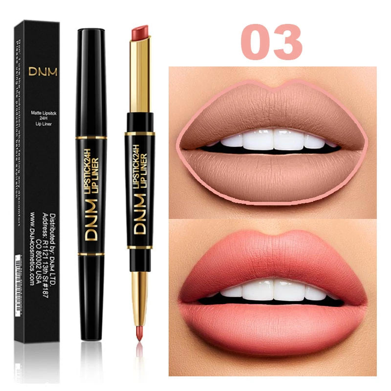 2 in 1 Matte Lipstick Pencil Double Head Lip Liner Pen Red Nude Long