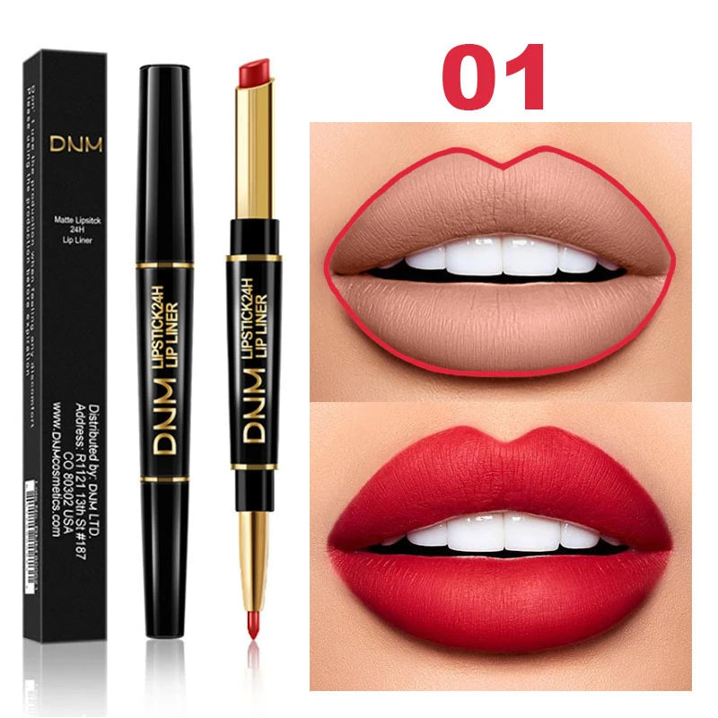 2 in 1 Matte Lipstick Pencil Double Head Lip Liner Pen Red Nude Long